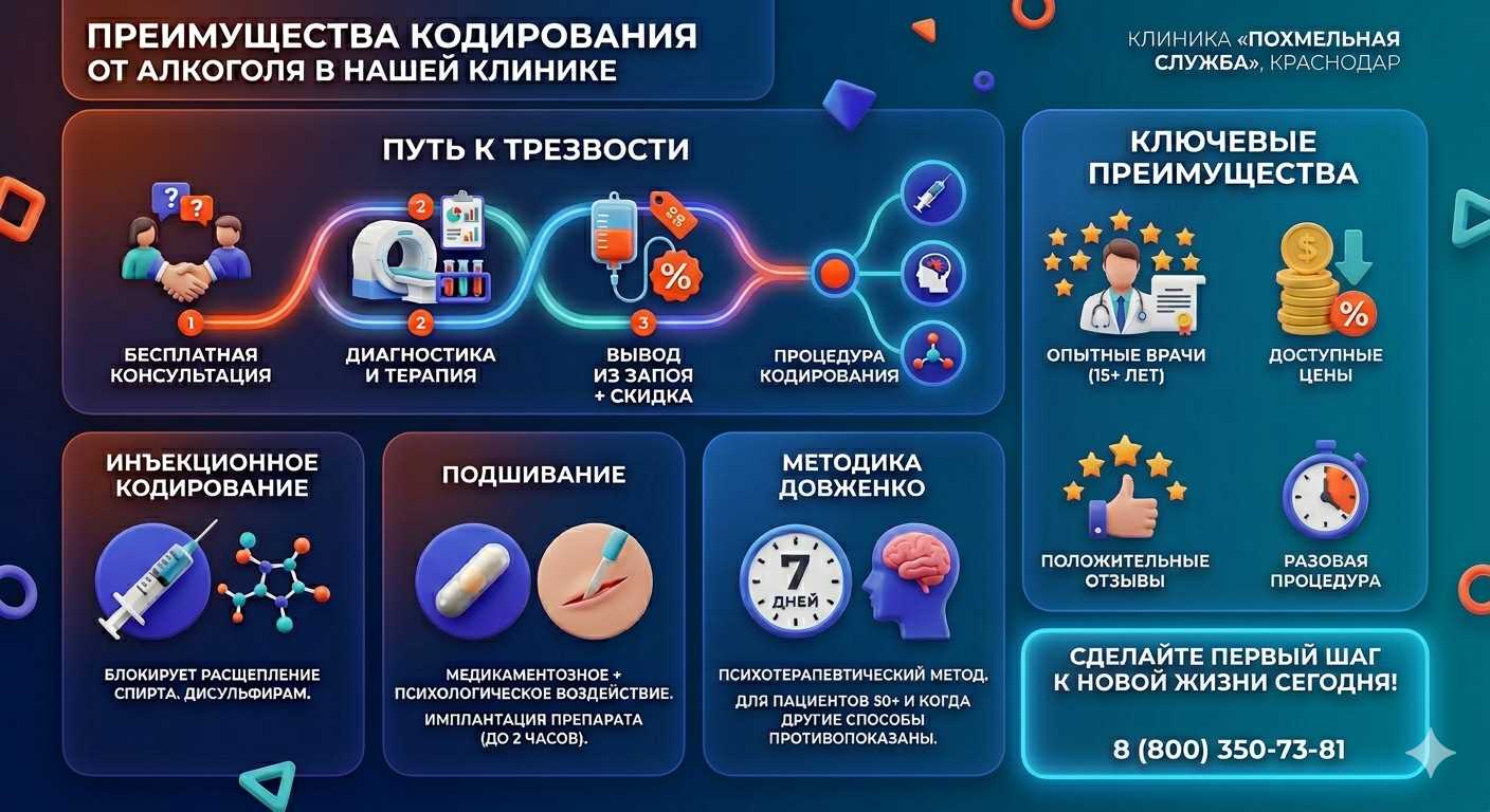 Инфографика о методах кодирования от алкоголя в Казанской: инъекции, подшивание, метод Довженко. Преимущества клиники и этапы лечения.