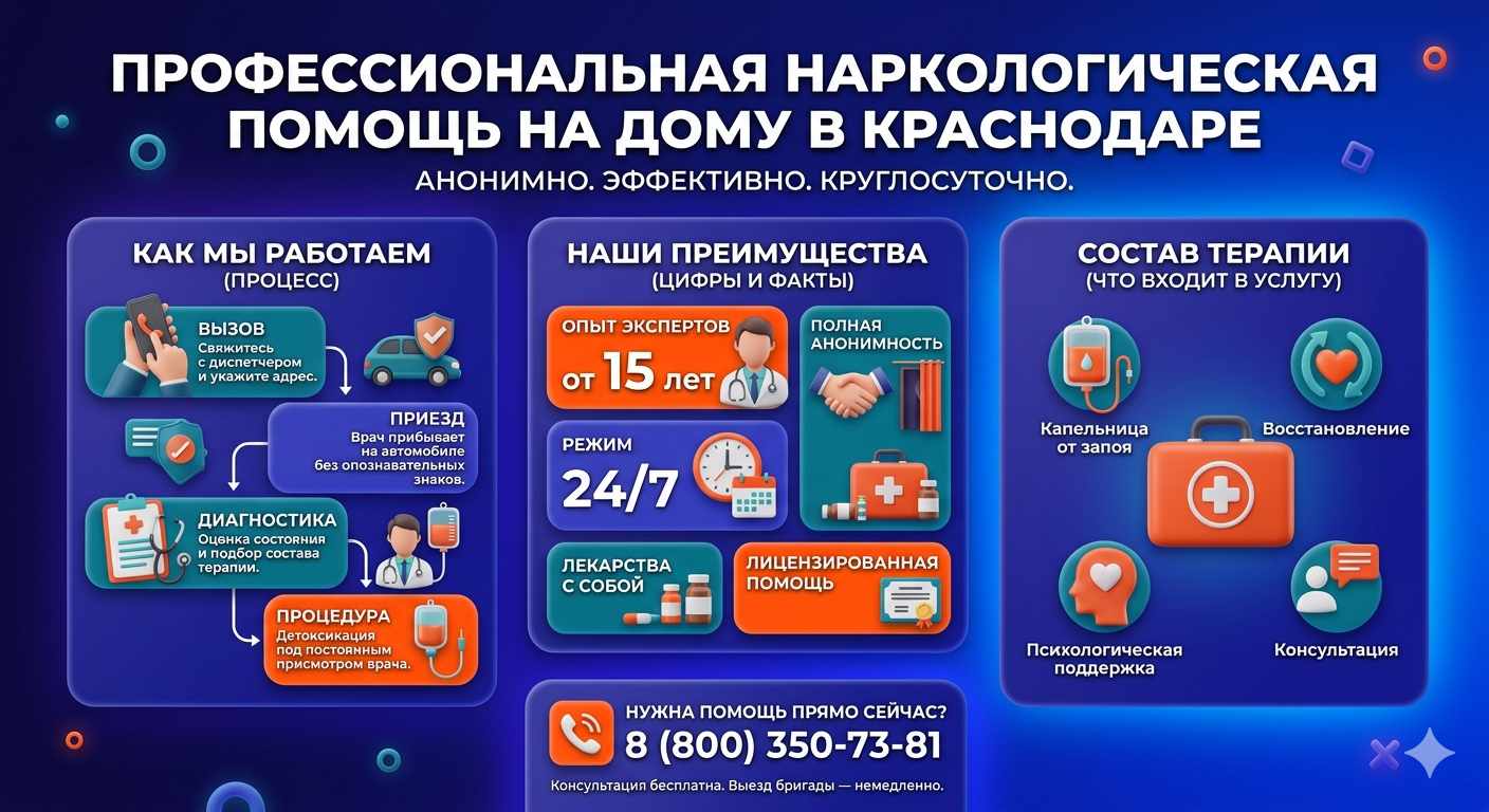 Инфографика о принципах лечения алкоголизма на дому в Казанской: этапы вызова нарколога, преимущества анонимной детоксикации и состав медицинской помощи.